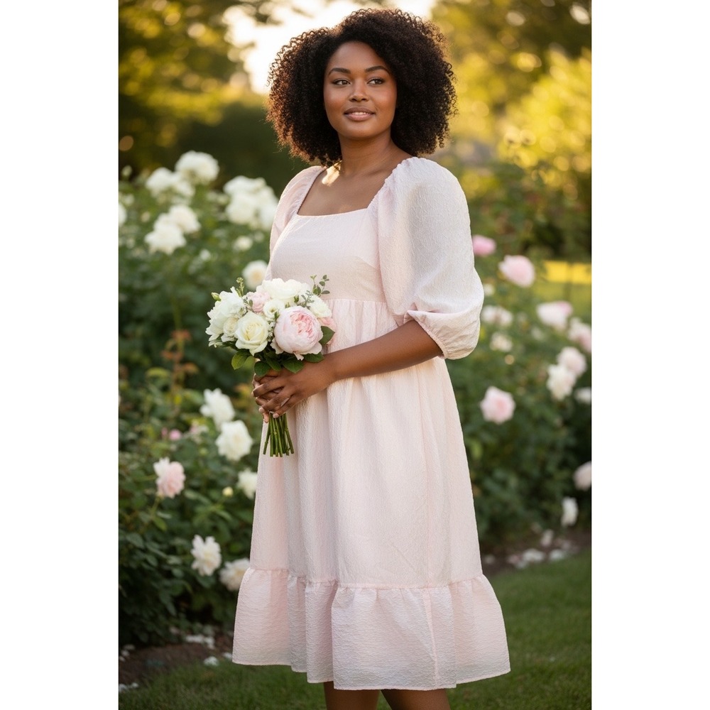 One Loved Babe Light Pink Floral Jacquard Puff Sleeve Midi Dress 3X‎ JD49340L-X